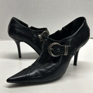 Christian Dior Ankle Boots High Heeled Buckle Pointed Toe Leather Black 36.5 6.5
